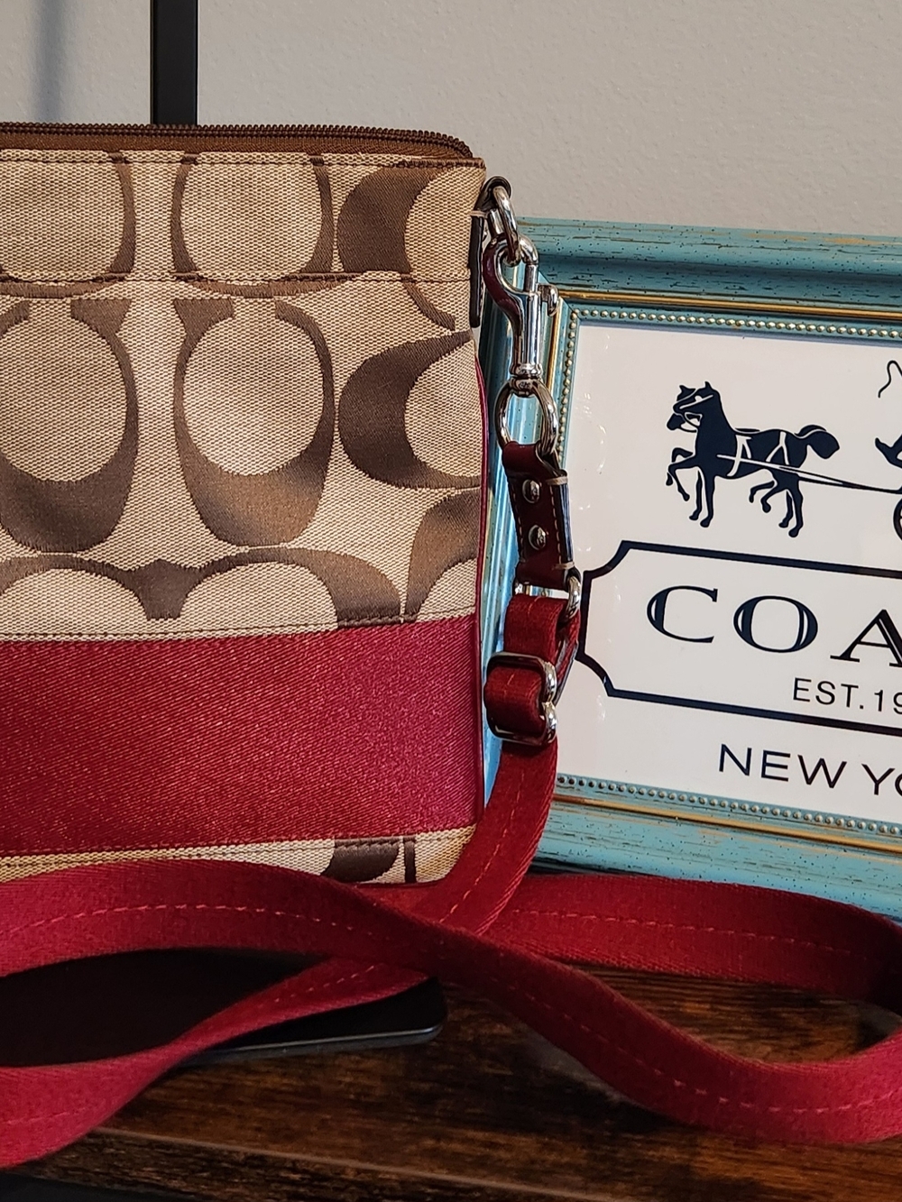Coach Khaki Red Signature Canvas Swingpack Crossbody Bag. EUC - Picture 5 of 12